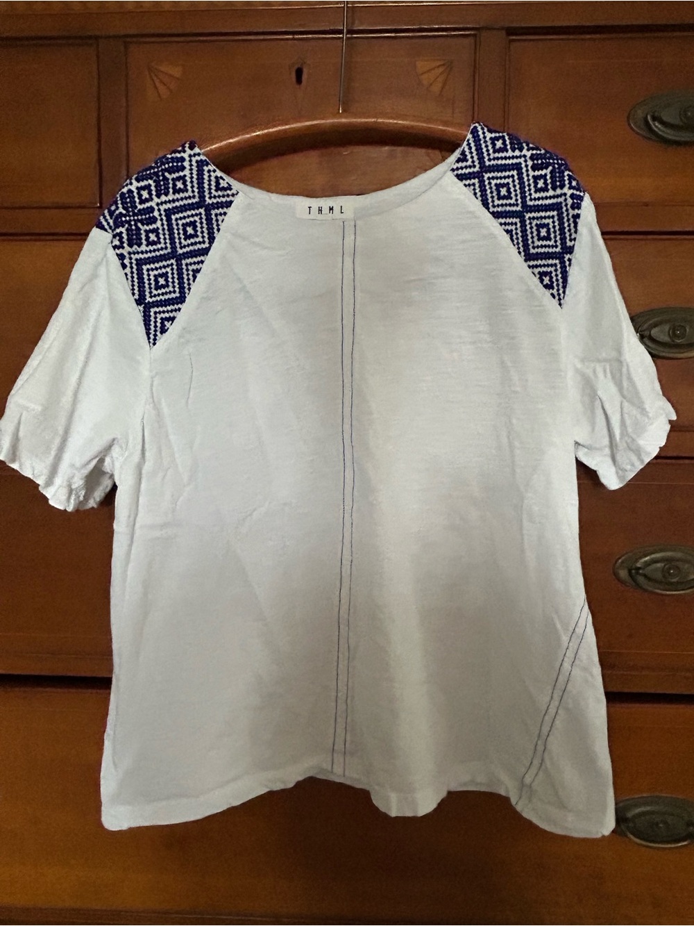 THML White Short Sleeve Tee with Navy Geometric Shoulder Panels